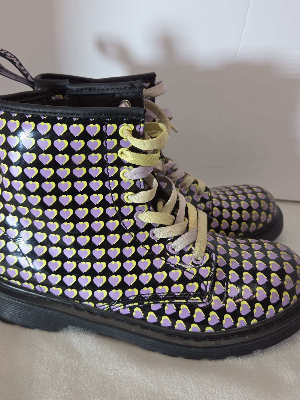 Dr. Martens Women's Black Combat Boots with Purple and Yellow Heart Pattern W 5 - Picture 2 of 8